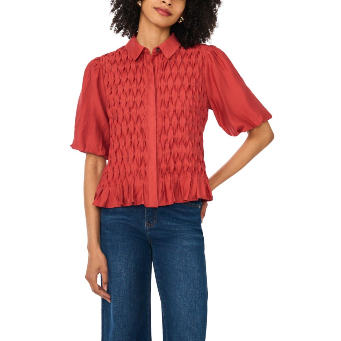 Vince Camuto Women's Collared Button-Front Bubble-Sleeve Blouse