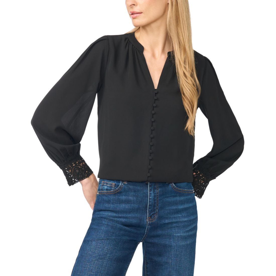 Cece Women's Lace-Cuff Button-Front V-Neck Blouse