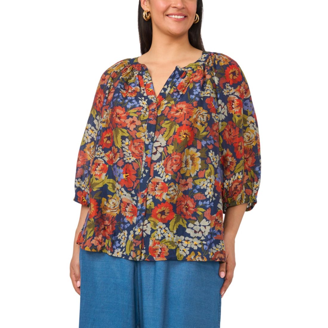 Vince Camuto Plus Size Raglan-Sleeve Button-Down Blouse