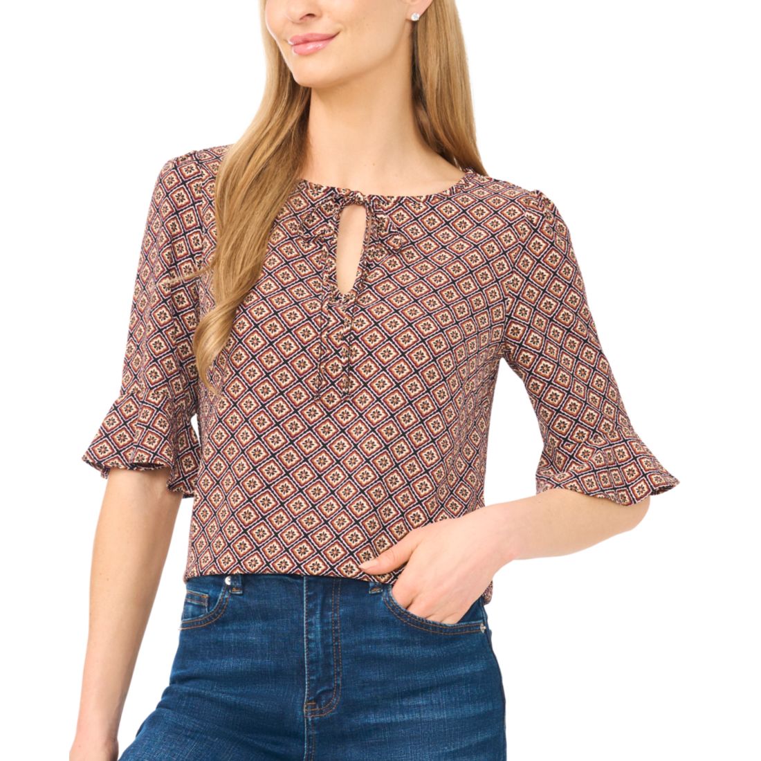 Cece Women's Split Tie-Neck Ruffle-Cuff 3/4-Sleeve Top