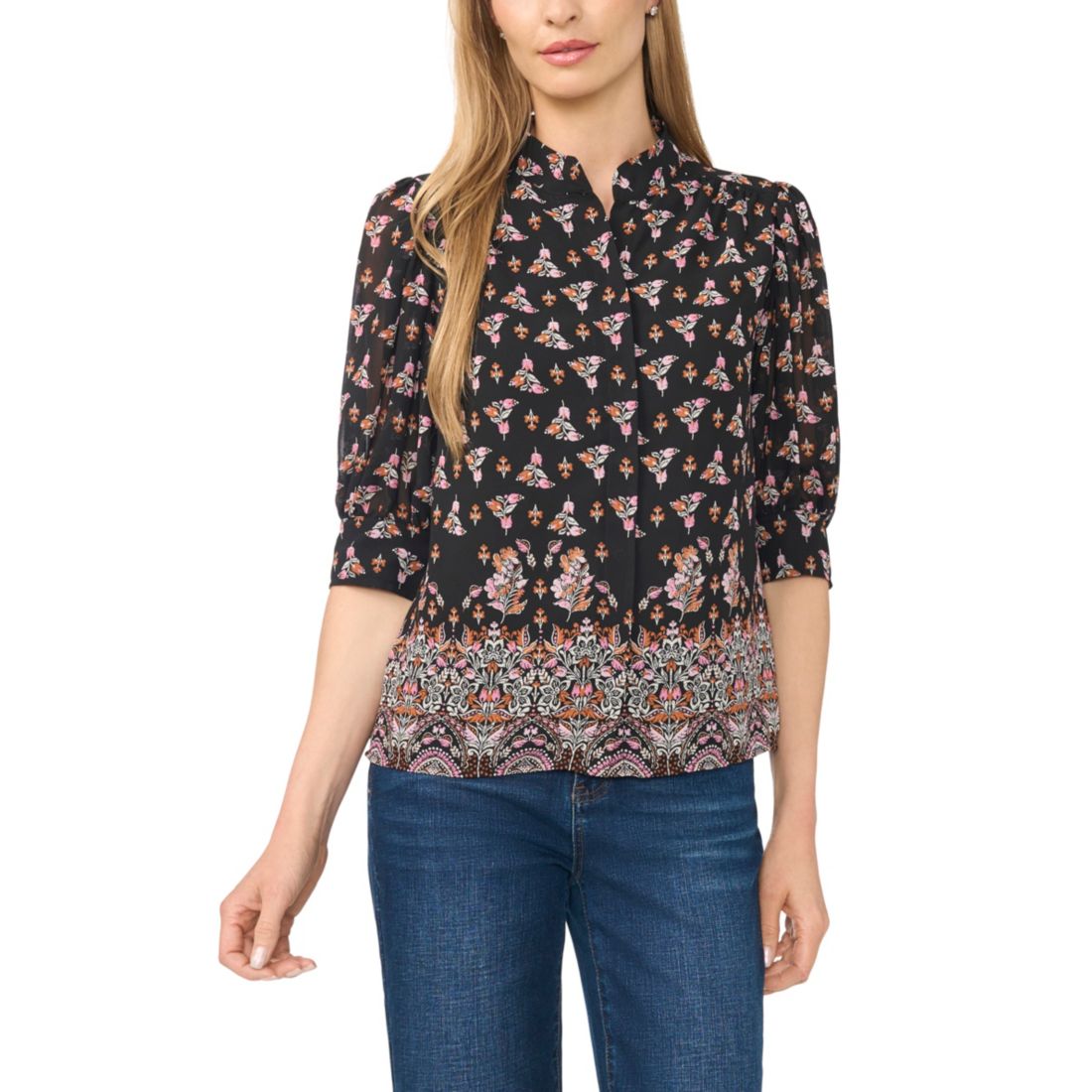 Cece Women's Hidden-Placket Collared 3/4-Sleeve Blouse