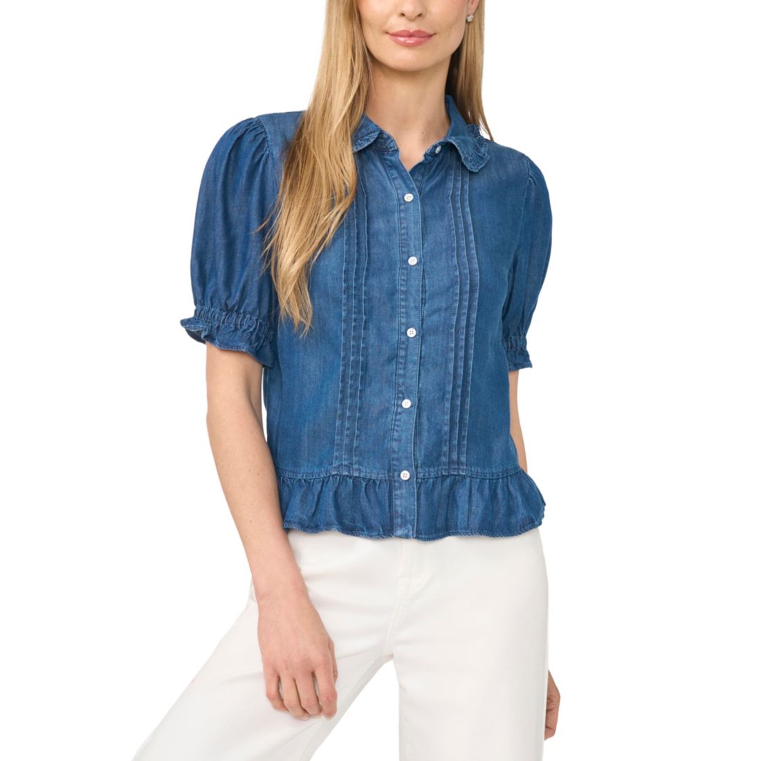 Cece Women's Cropped Ruffle-Collar Pintuck Button-Front Top