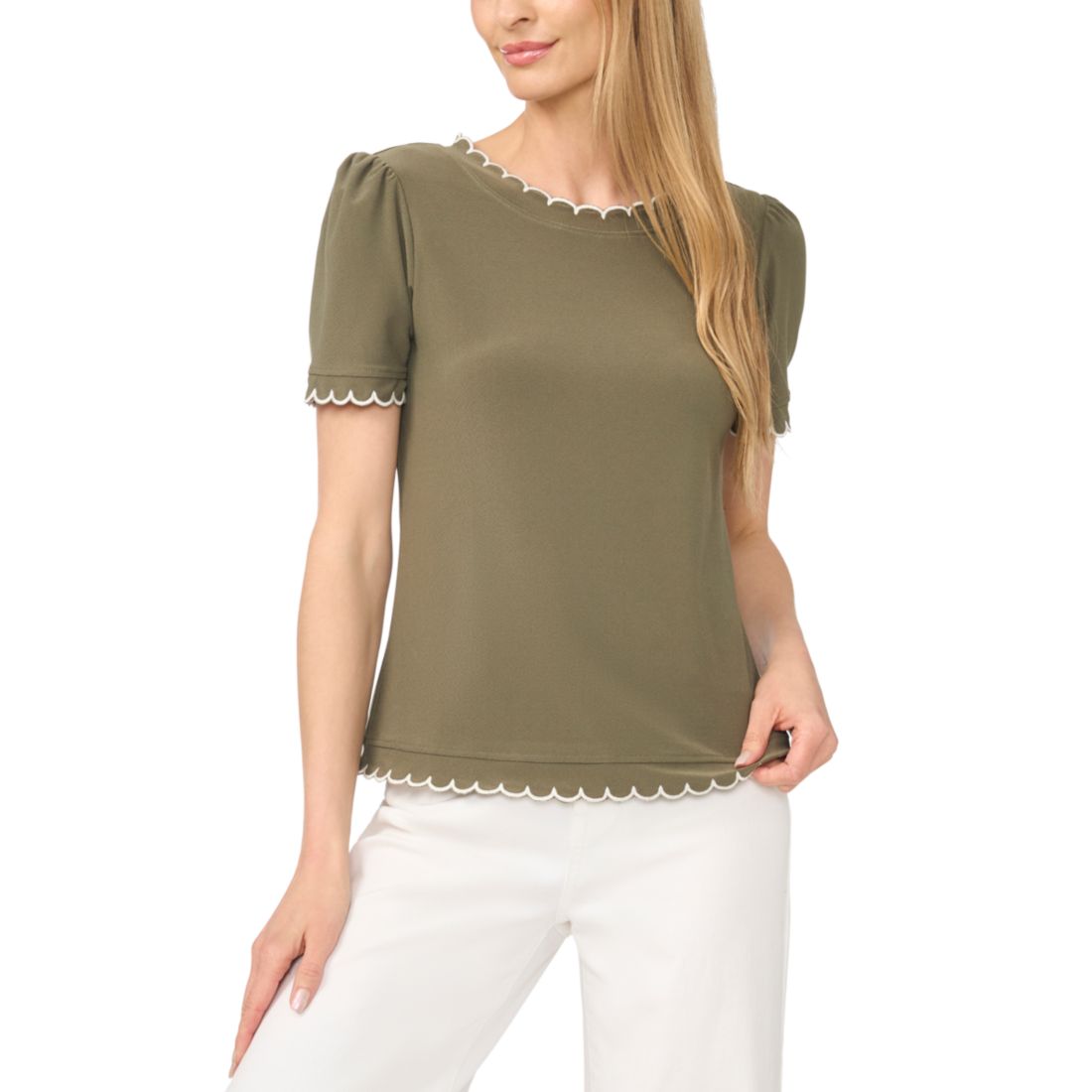 Cece Women's Puff Sleeve Scalloped Blouse