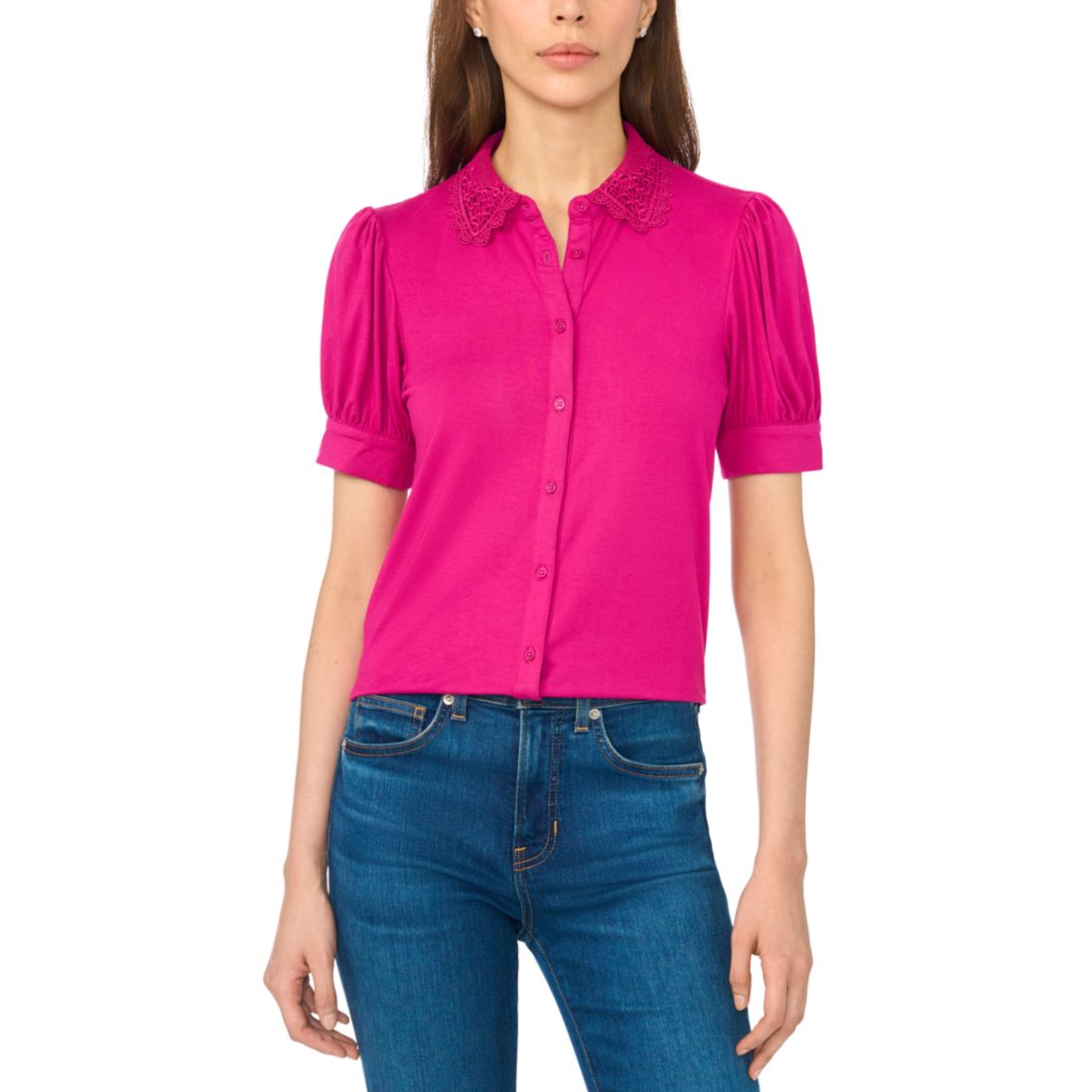 Cece Women's Scallop-Trim Collared Short-Sleeve Button-Front Top