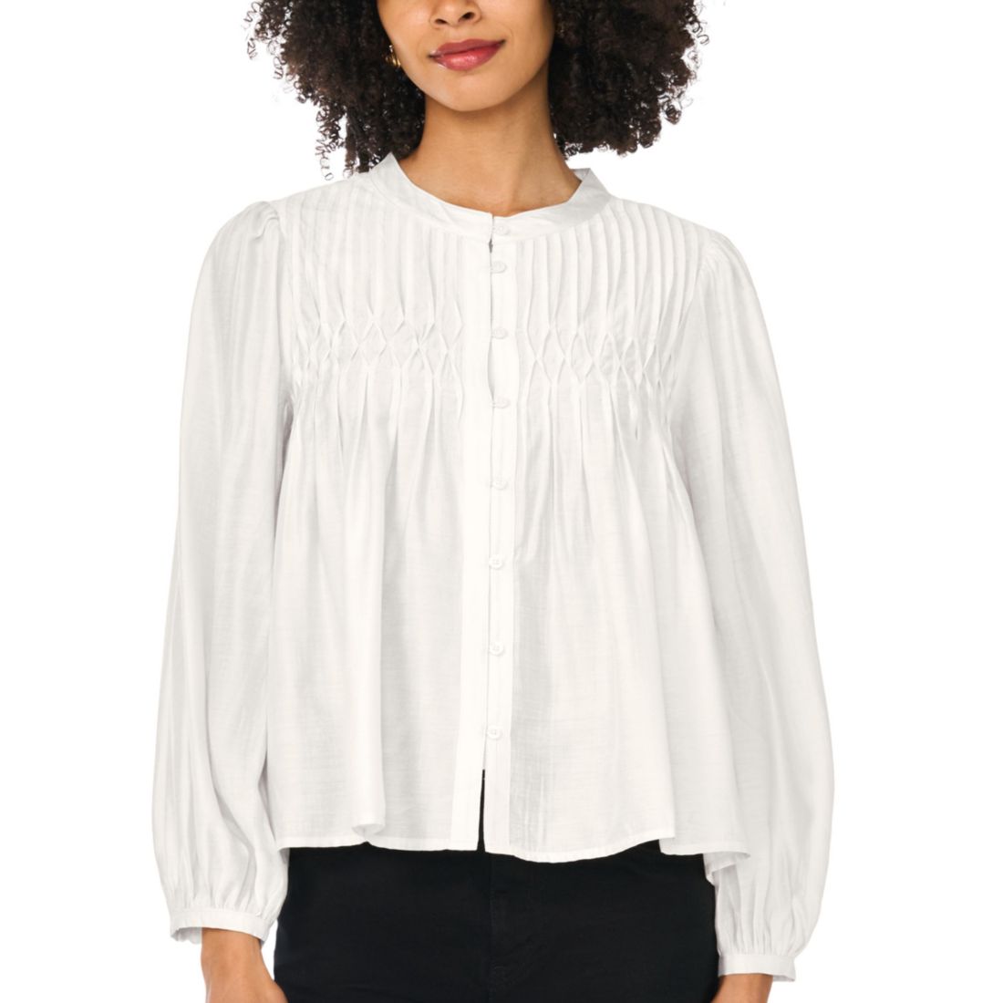 Macy's Women's Button-Front Long-Sleeve Crewneck Blouse
