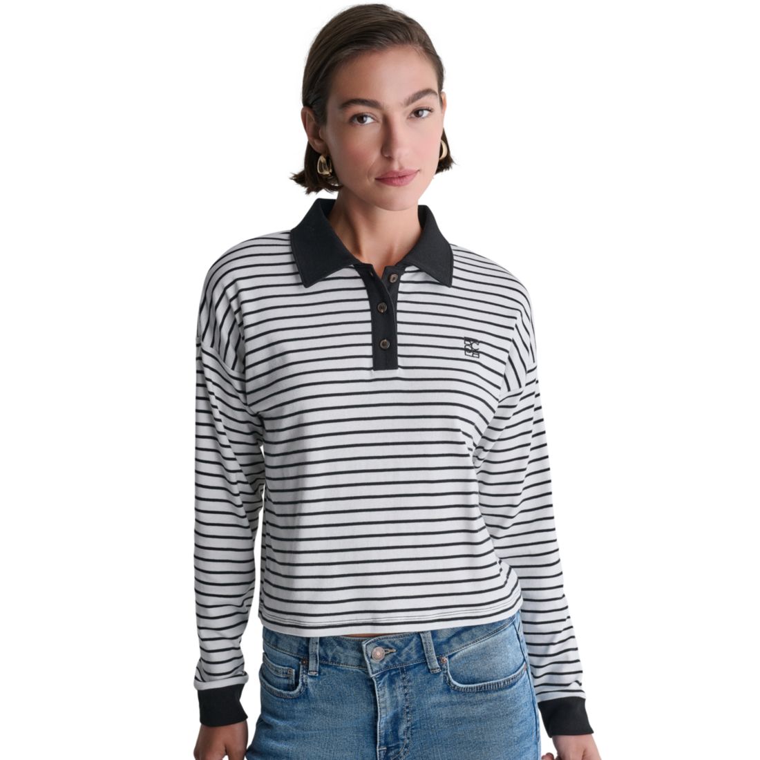 Bcbg Women's Long-Sleeve Striped Collared Polo Top