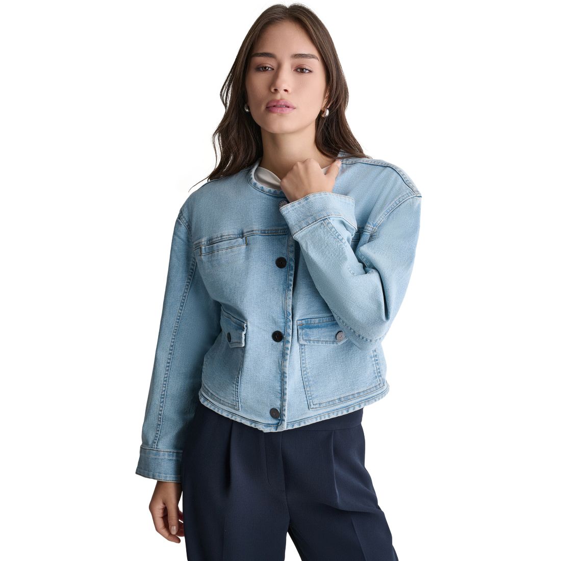 Bcbg Women's Boxy Crewneck Button-Front Denim Jacket