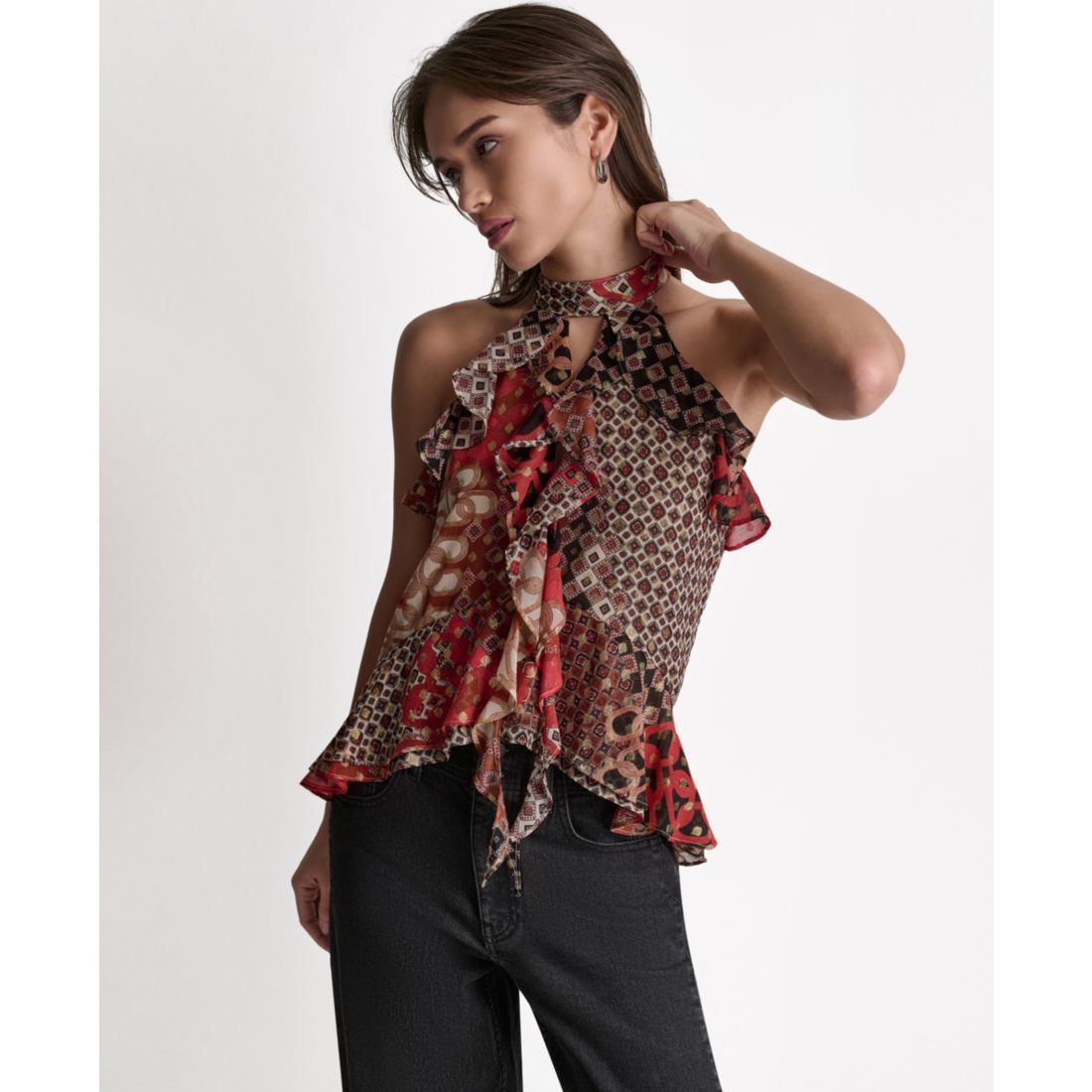 Bcbg Women's Printed Ruffle Halter Neck Top
