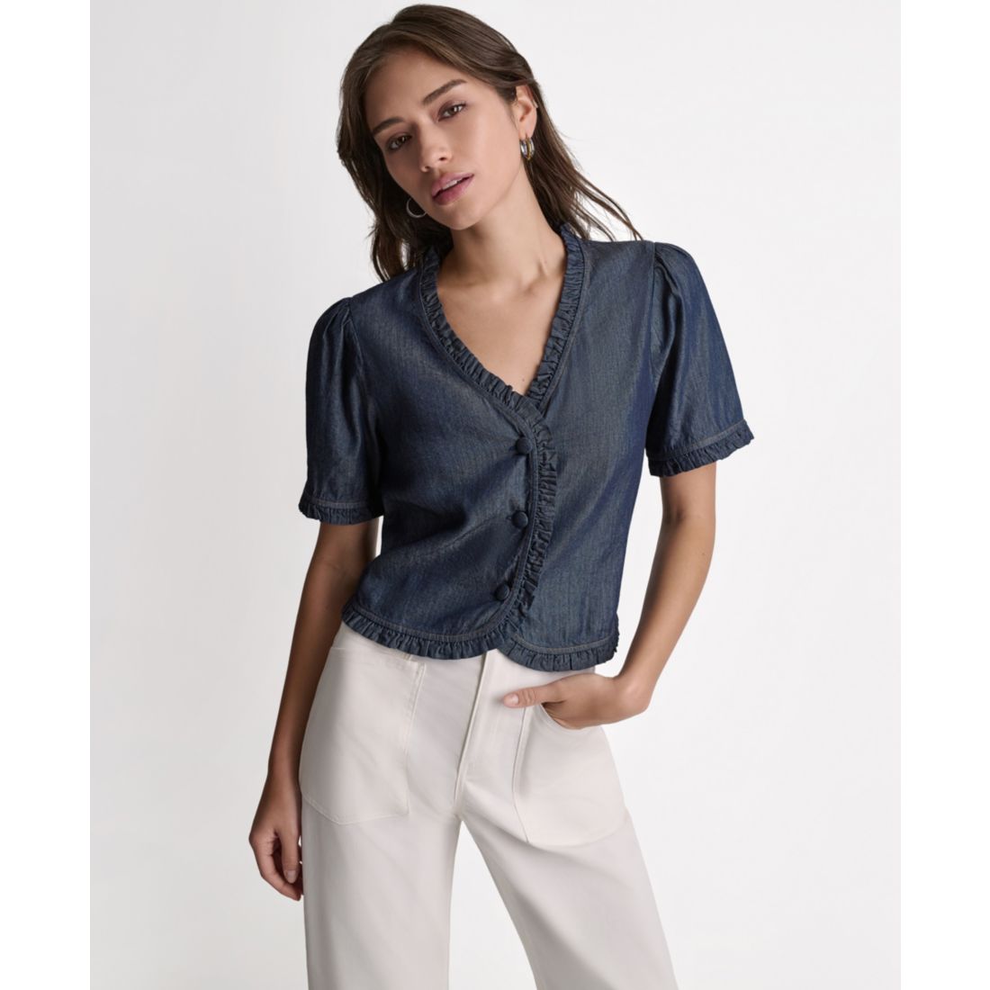 Bcbg Women's Short-Sleeve Ruffle Detail Button-Front Top