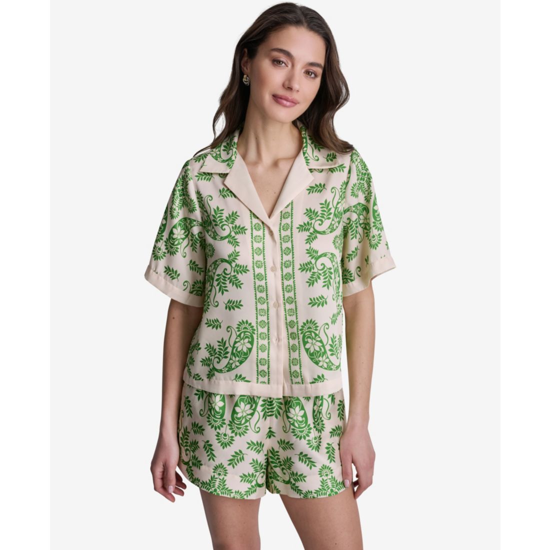 Bcbg Women's Botanical Print Short-Sleeve Button-Front Polyester Top