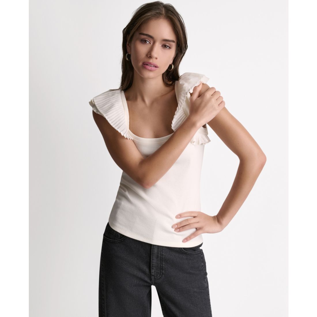 Bcbg Women's Square Neck Ruffle Cap-Sleeve Top