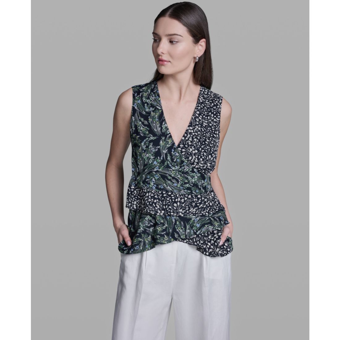 Bcbg Women's Sleeveless Wrap Front V-Neck Polyester Top