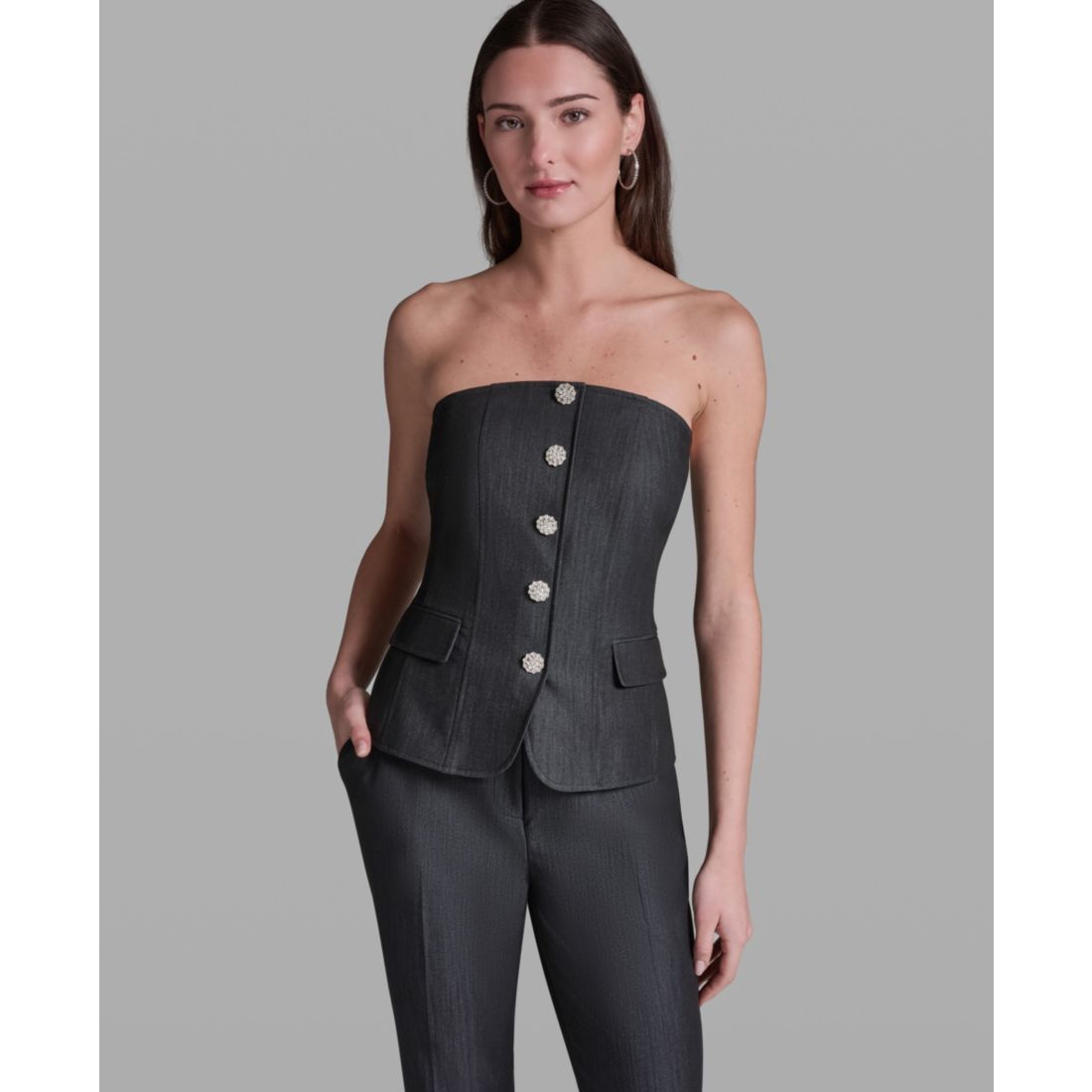 Bcbg Women's Faux Denim Strapless Button-Front Top