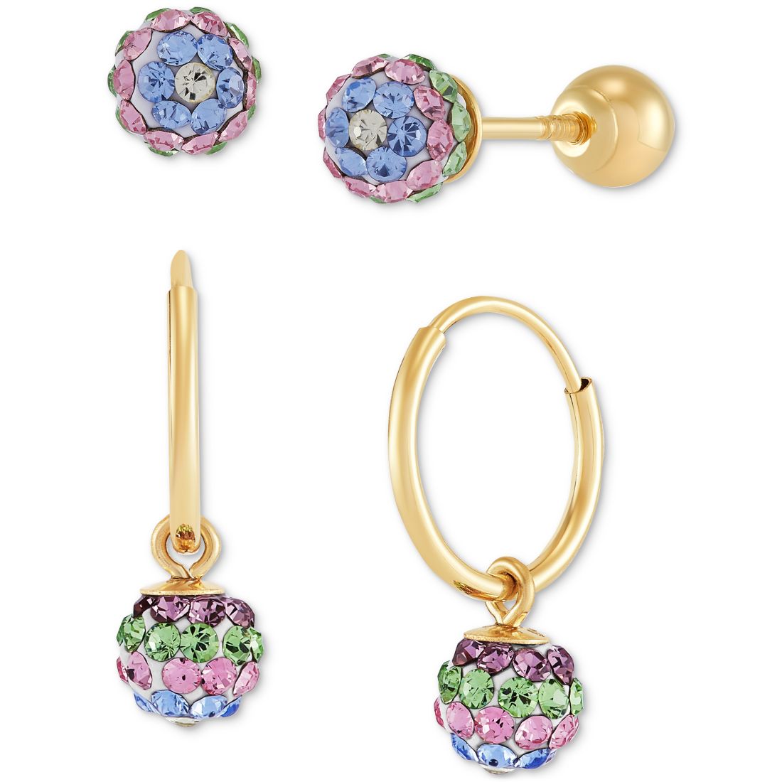 Macy's Children's 2-Pc Set Multicolor Crystal Reversible Stud & Dangle Hoop Earrings in 14k Gold
