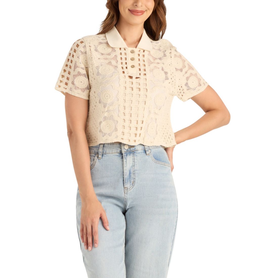 Bcx Women's Embroidered Crochet Collared Sweater