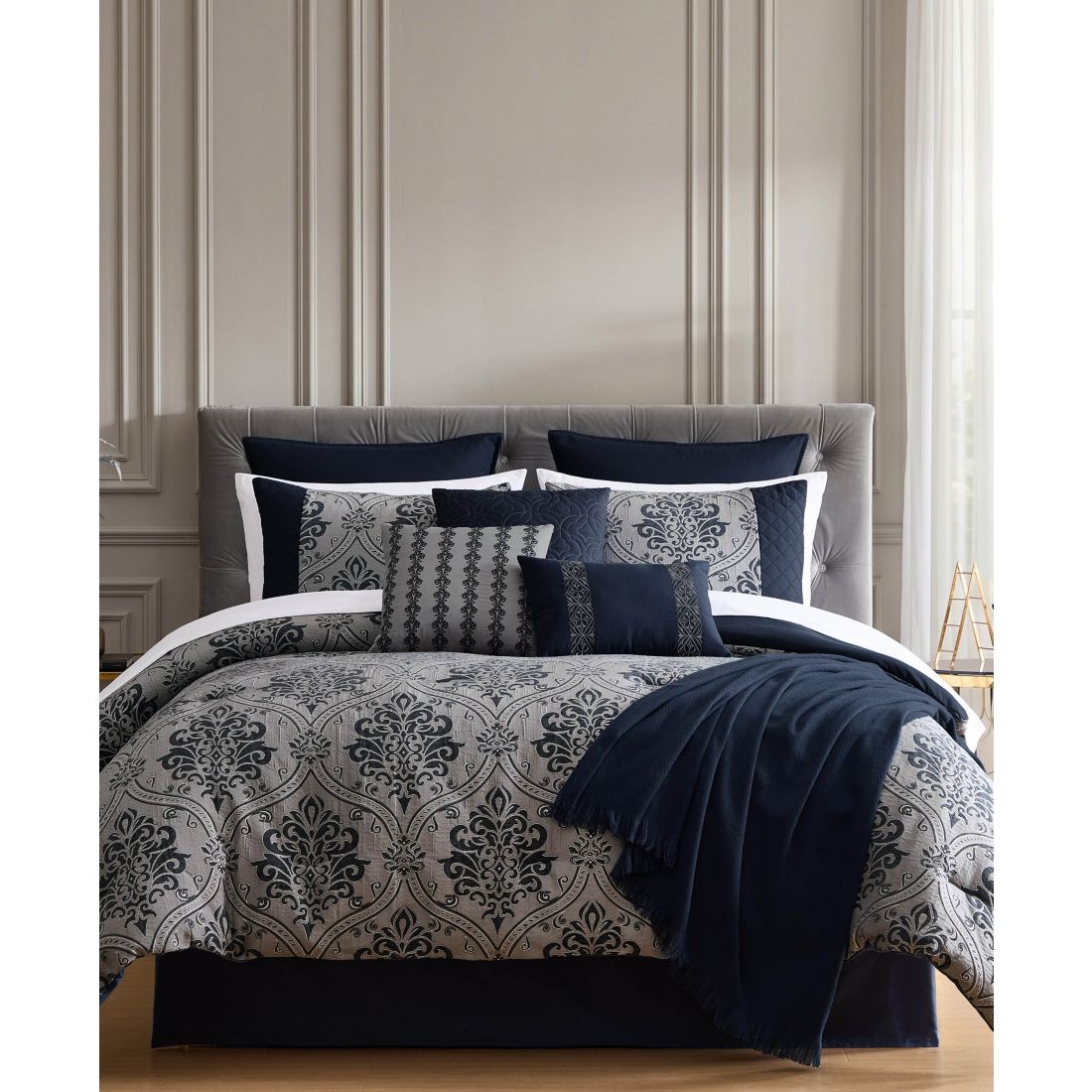Macy's Horwin Damask 14-Piece Comforter Set, Queen - Navy, Gray