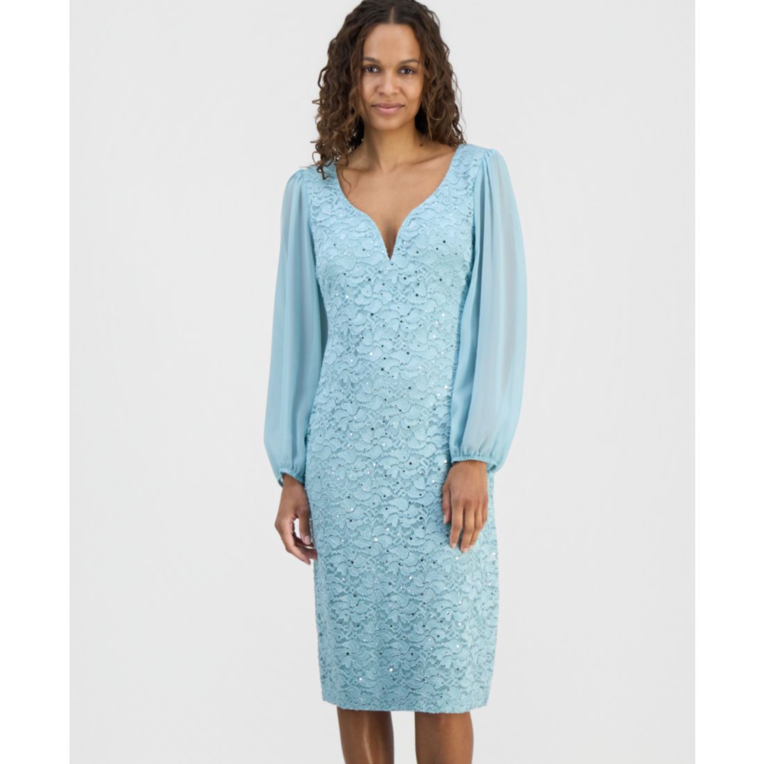 undefined Connected Petite Sequined Lace Blouson-Sleeve Dress available now  at The Falls