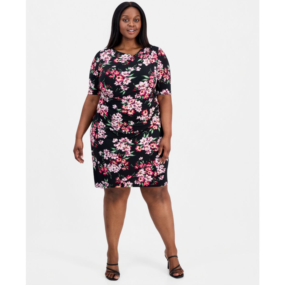 Connected Plus Size Printed Asymmetric-Neck Short-Sleeve Dress