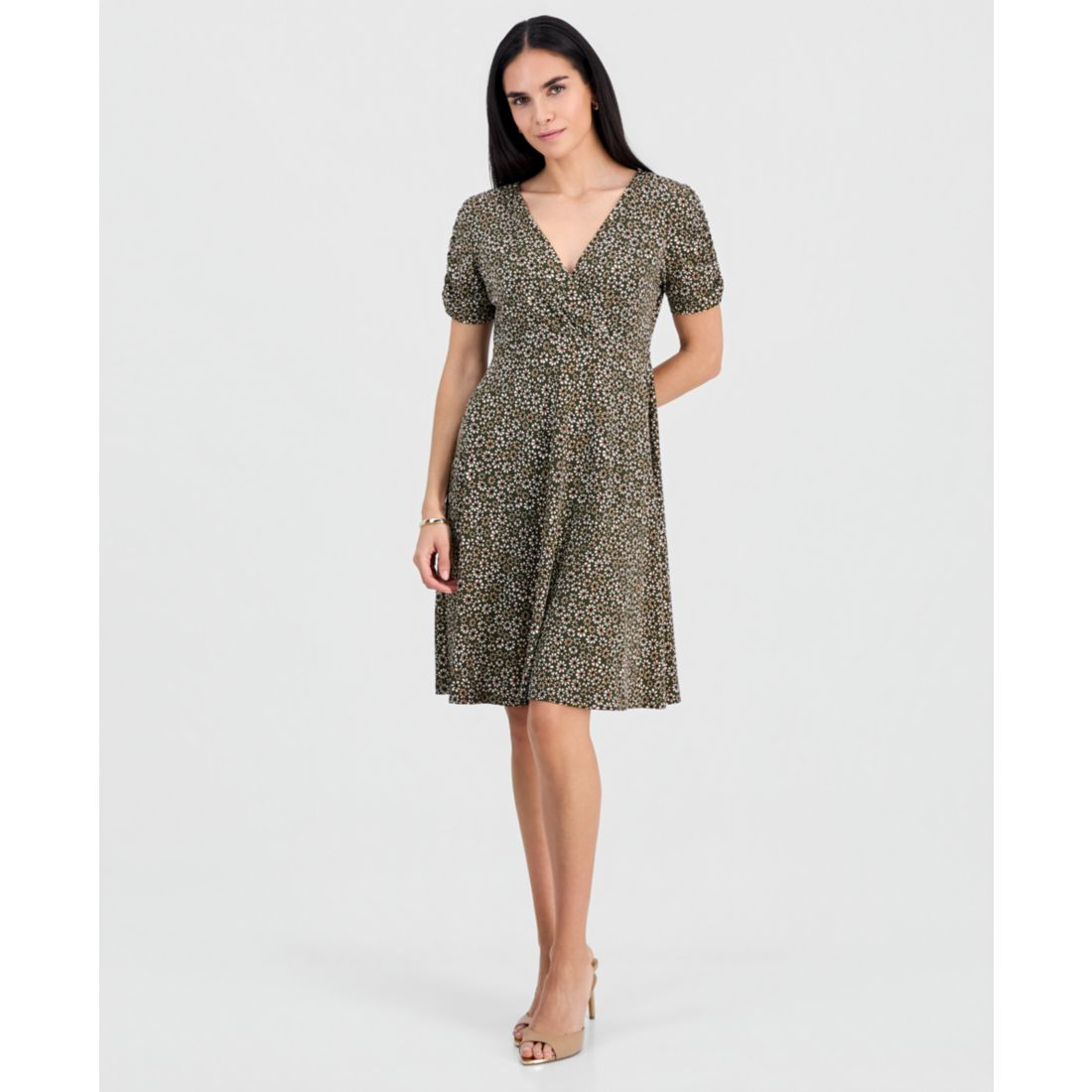Connected Petite Ruched-Sleeve Crossover-Neck Dress