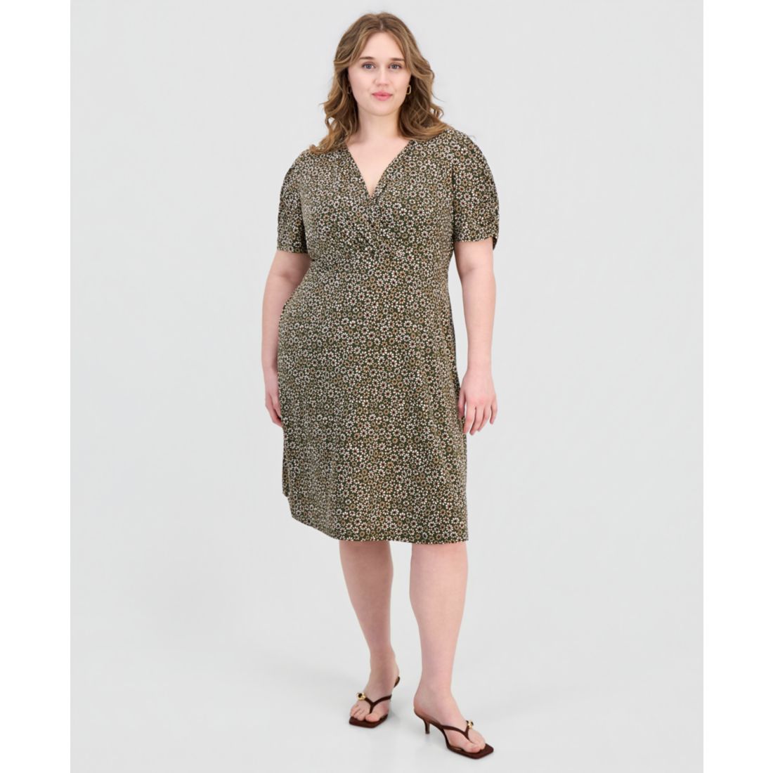 Connected Plus Size Printed Ruched-Sleeve Sheath Dress