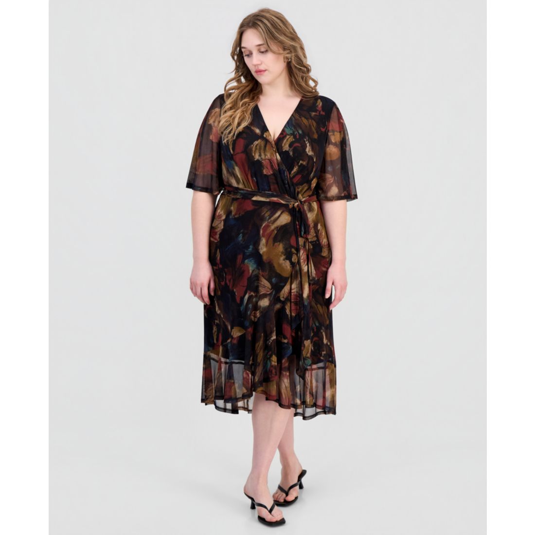Connected Plus Size Printed Flutter-Sleeve Faux-Wrap Midi Dress