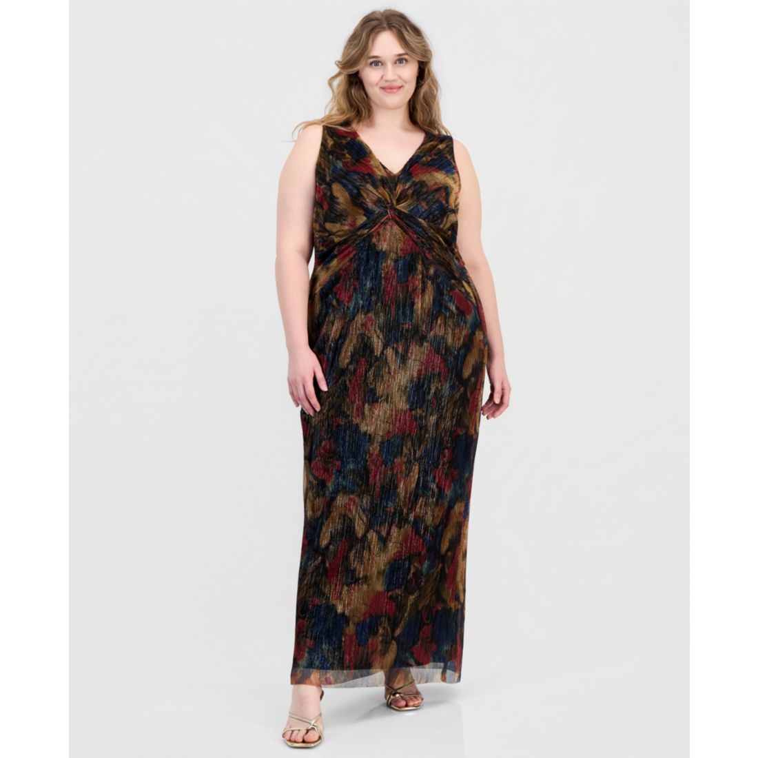 Connected Plus Size Metallic-Print Twist-Front Sleeveless Dress