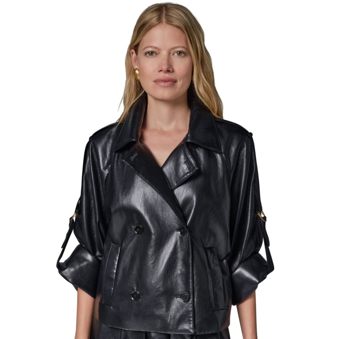 Donna Karan New York Petite Roll-Sleeve Collared Short Jacket