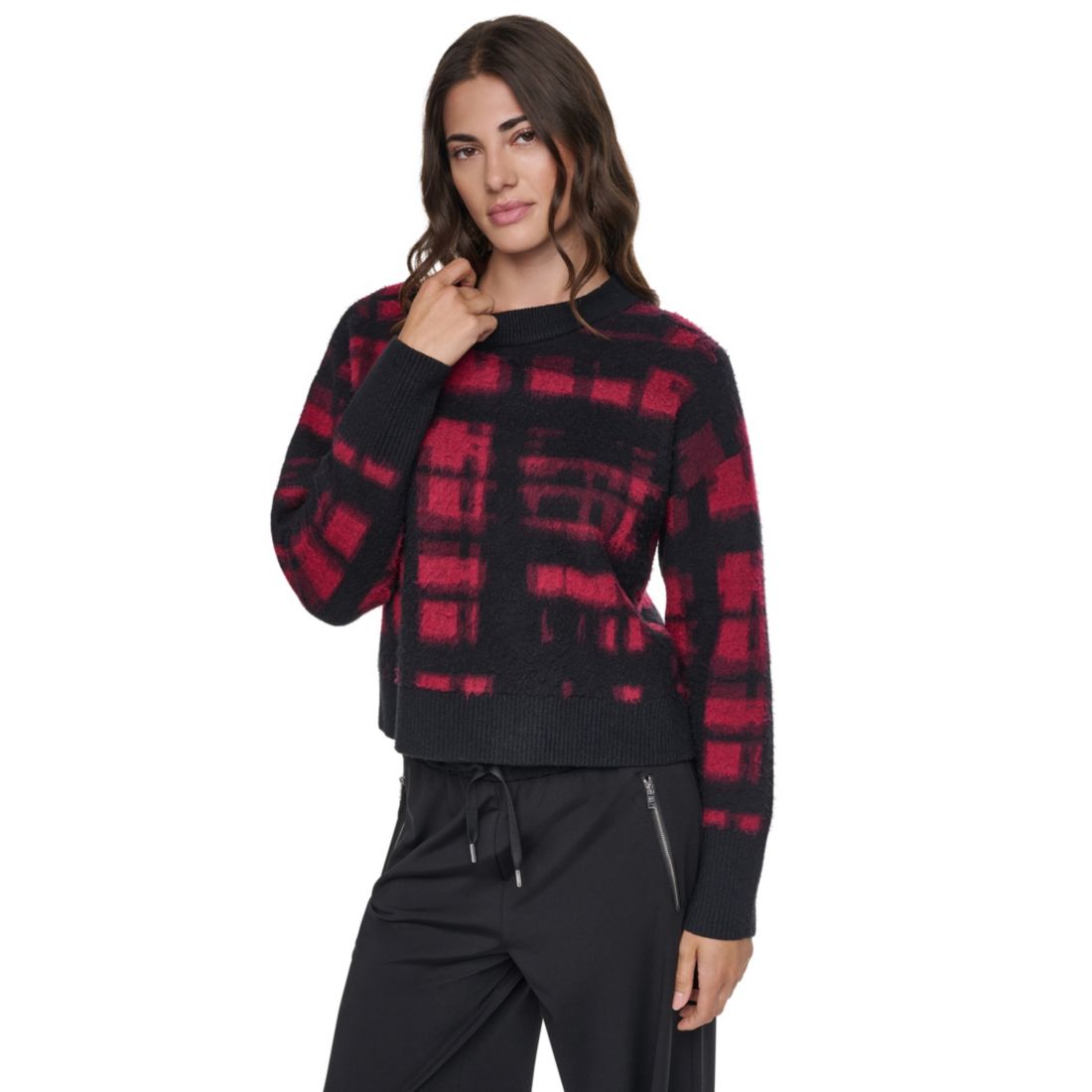 DKNY Women's Brushed-Plaid Long-Sleeve Crewneck Pullover Sweater