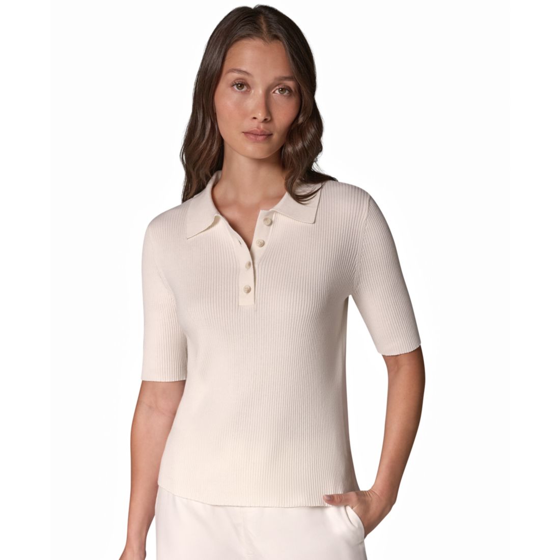 Donna Karan Weekend Women's Elbow-Sleeve Ribbed Button-Front Sweater