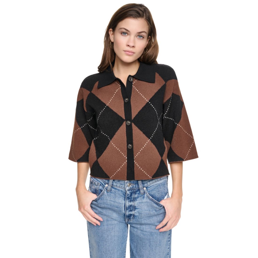 Dkny Jeans Petite Argyle Button-Front Sweater