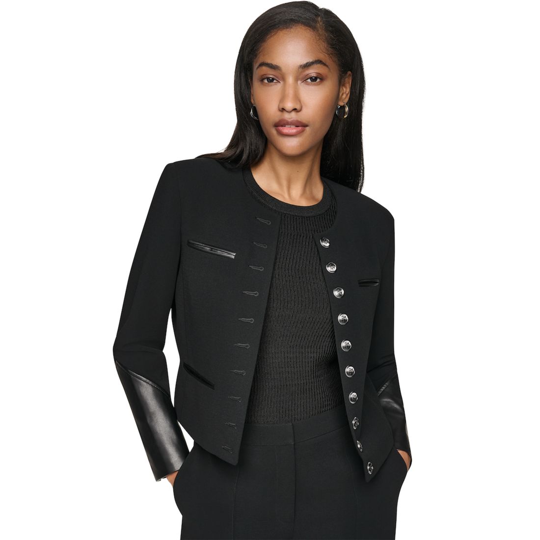 DKNY Petite Textured Crepe 10-Button Pocket Jacket