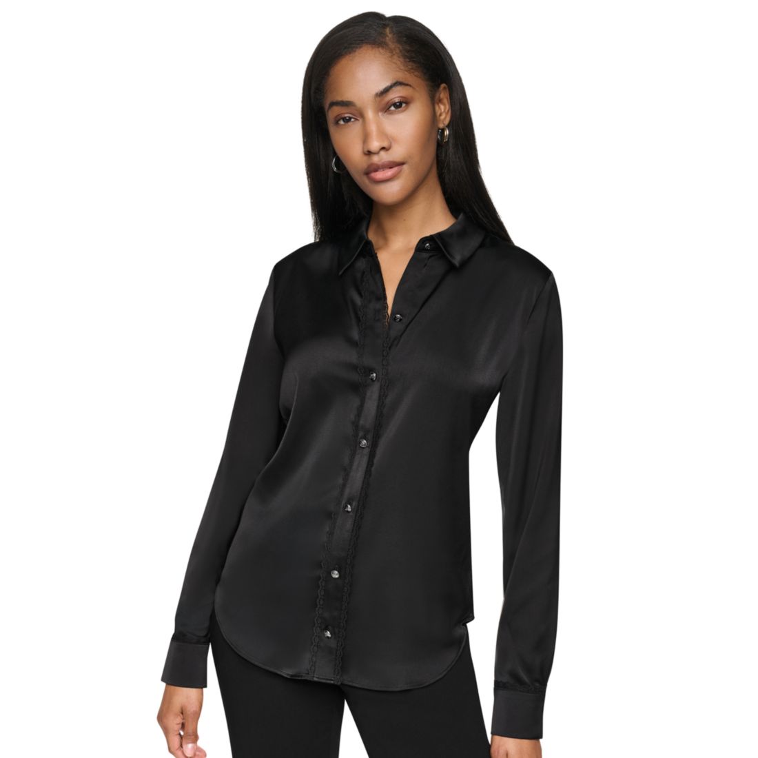 Dkny Petite Satin Front-Button Long-Sleeve Top