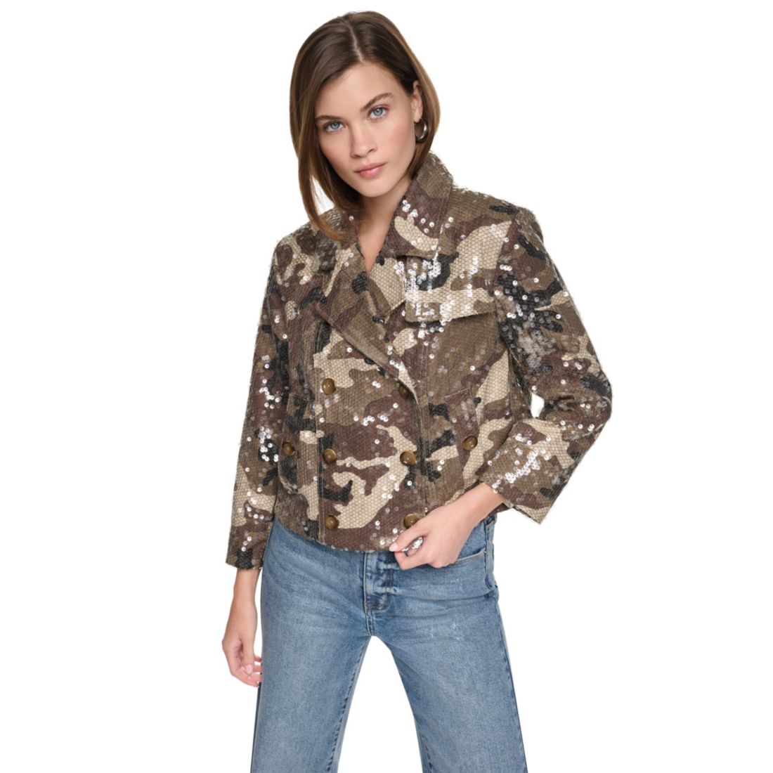 Dkny Jeans Women's Sequin Double Breasted Button Front Trench Jacket