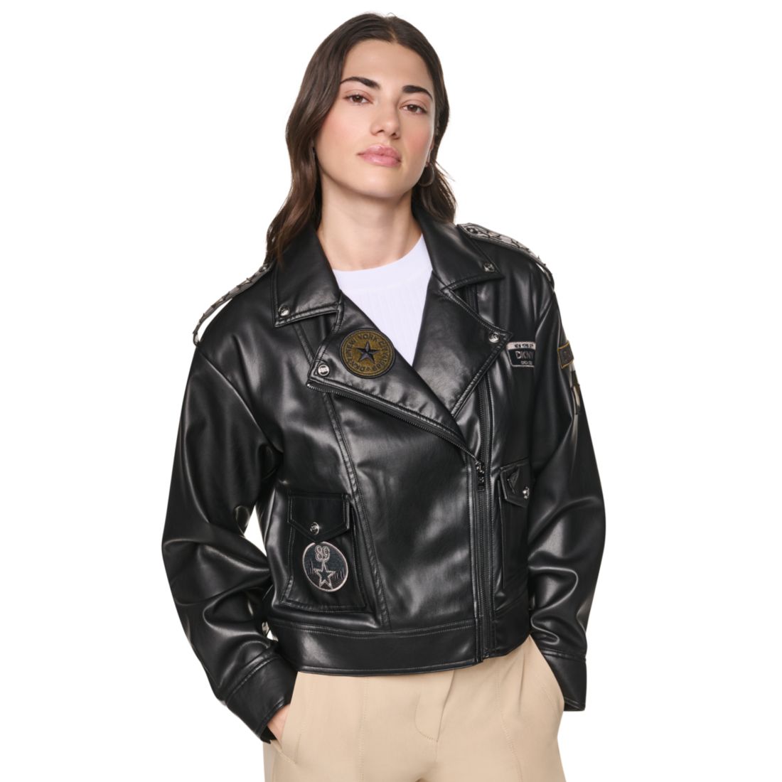 Dkny Women's Faux Leather Collared Zip-Front Jacket