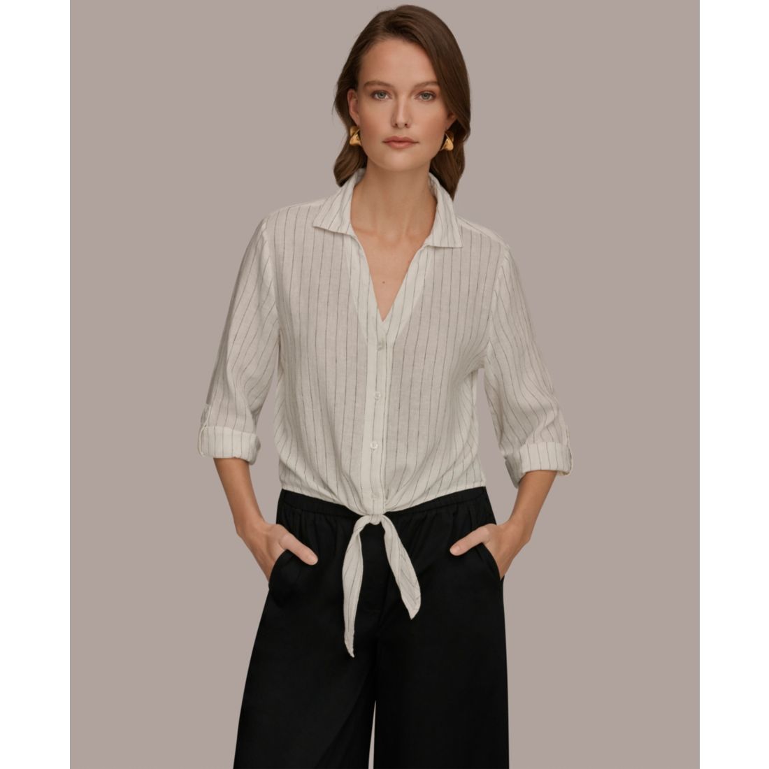 Donna Karan Weekend Women's Roll-Tab Sleeve Tie-Front Blouse