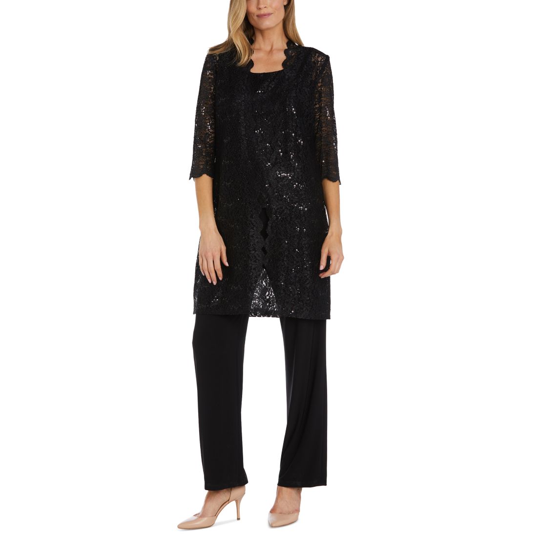 R & M Richards 3-Pc. Sequined Lace Pantsuit & Jacket