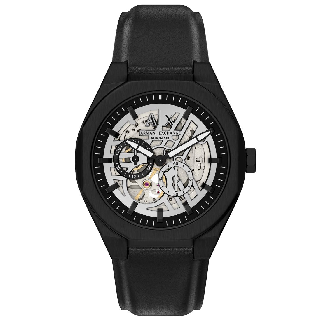 A|x Armani Exchange Armani Exchange Men's Sync Automatic Black Leather Watch, 44mm