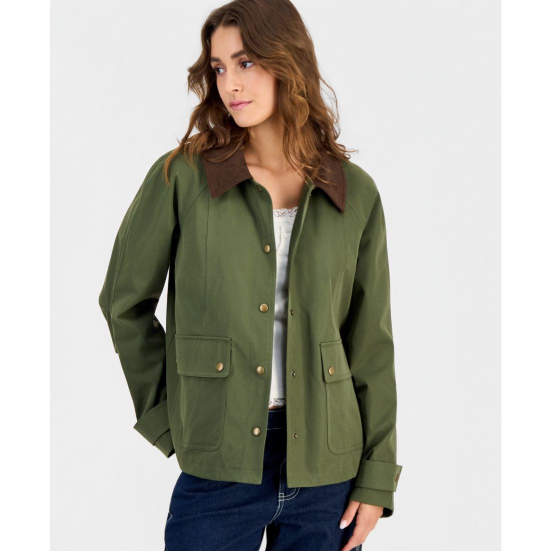Maralyn & Me Juniors' Contrast-Collar Snap-Front Barn Jacket, Macy's Exclusive