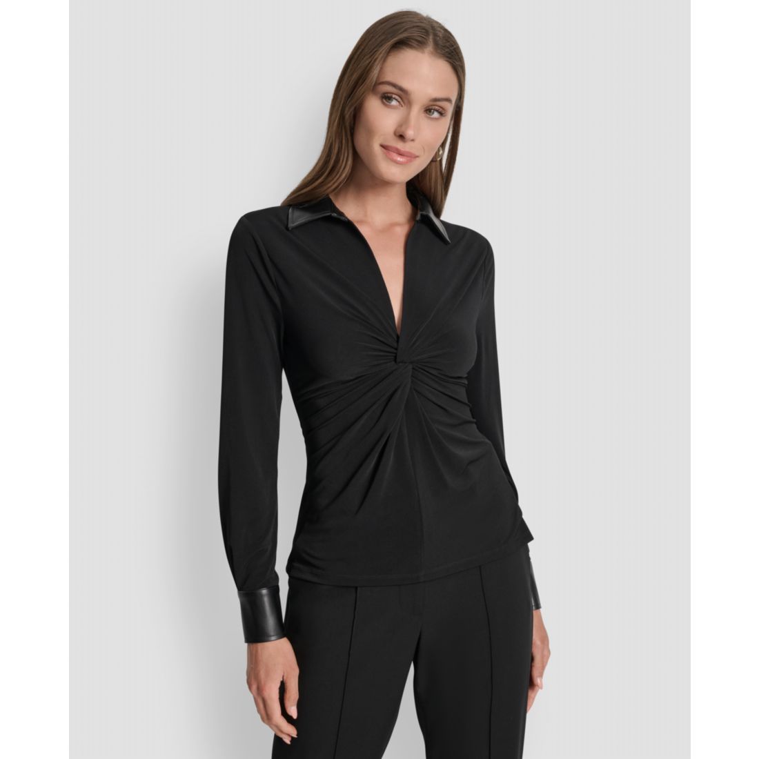 DKNY Women's Twist-Front Contrast-Trim Top