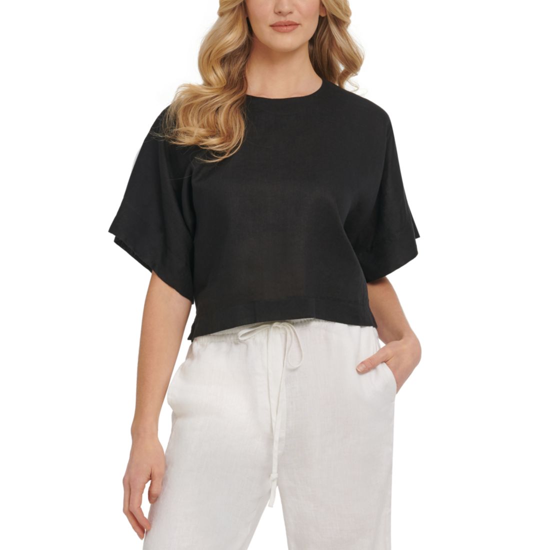 Dkny Linen Drop Shoulder Short Sleeve Top