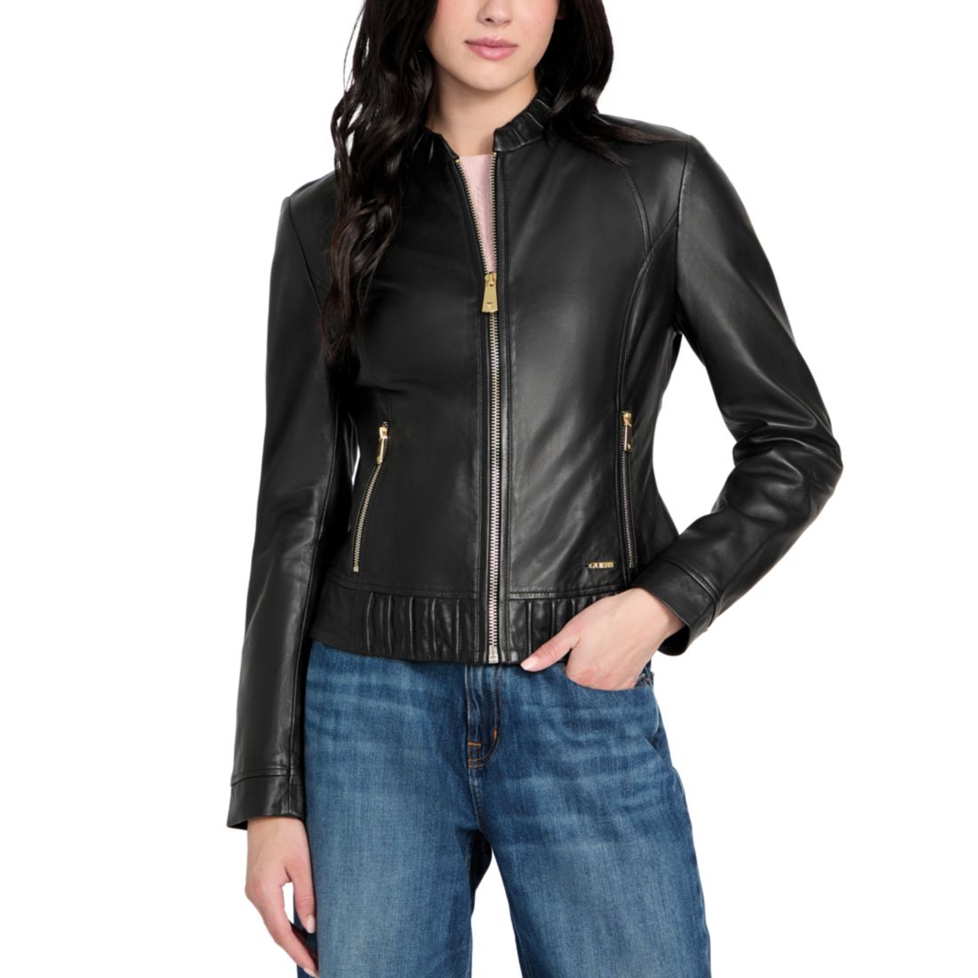 Guess Women's Collarless Zip-Front Leather Jacket