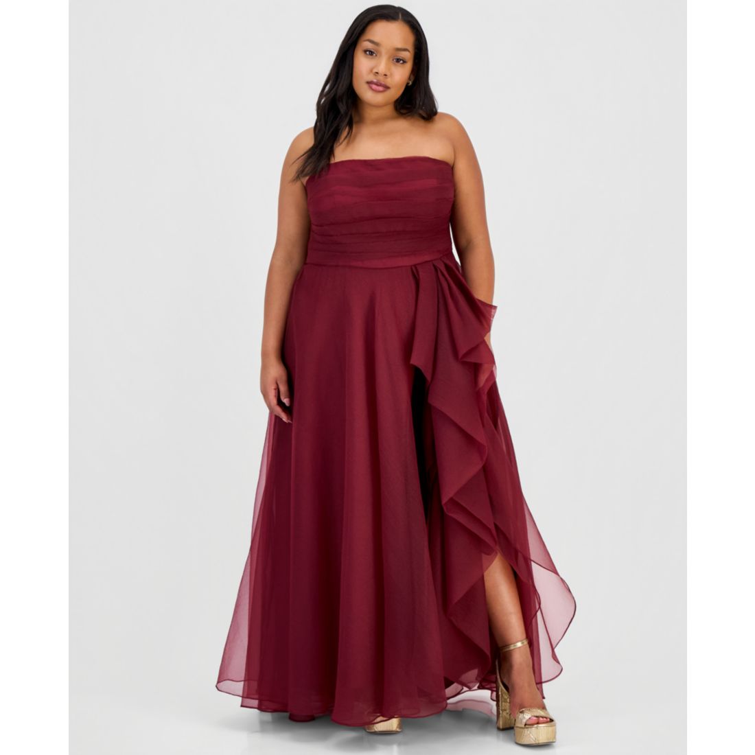 B Darlin Trendy Plus Size Ruffled Strapless Gown