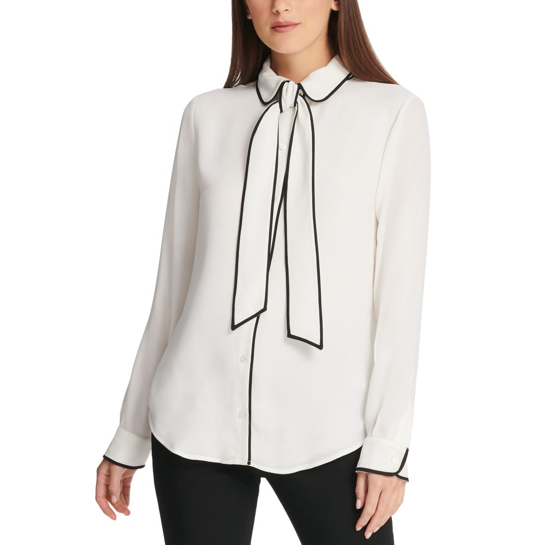 Dkny Petite Piped-Trim Button-Up Blouse, Created for Macy's