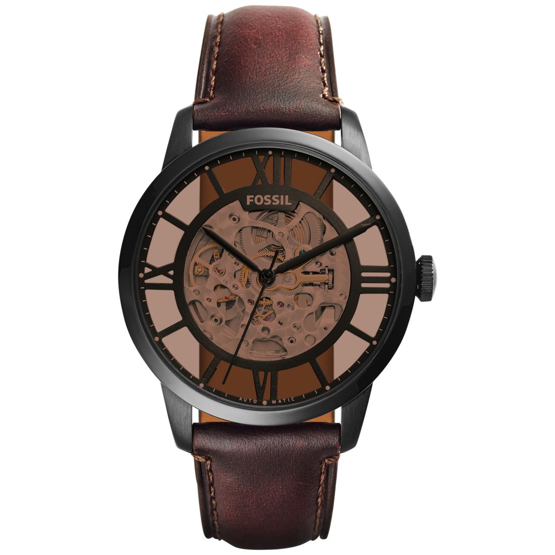 Fossil Men's Automatic Townsman Dark Brown Leather Strap Watch 44mm ME3098