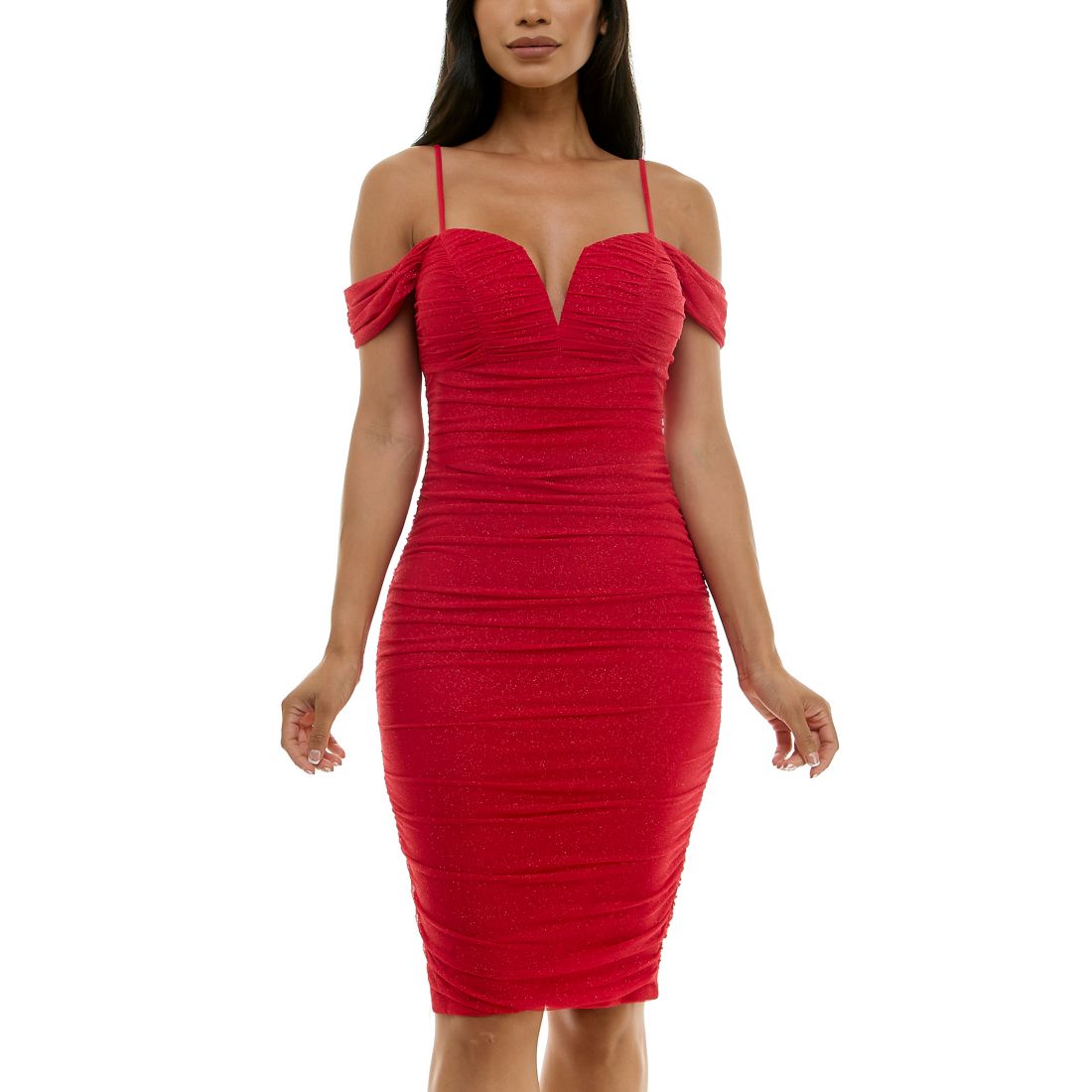 City Studios Juniors' Cold-Shoulder Glitter-Mesh Ruched Dress