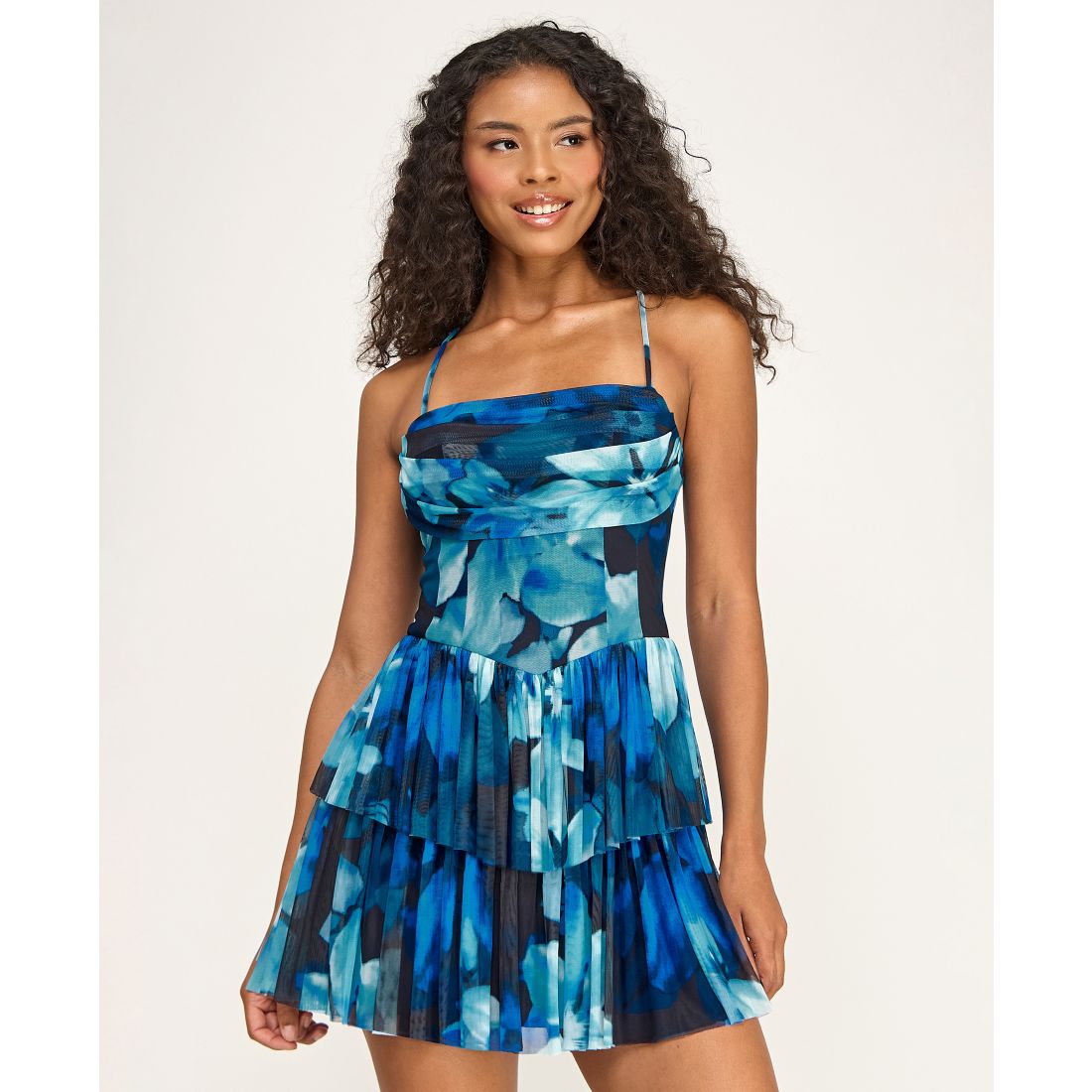 City Studios Juniors' Printed Mesh Straight Neck Tiered Mini Dress