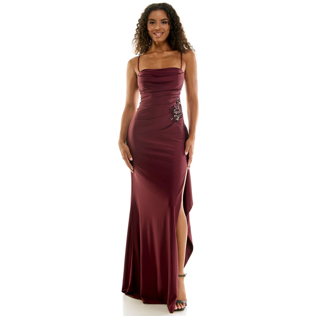 Seni & Cade City Studios Juniors' Drape Neck Side Ruffle Gown