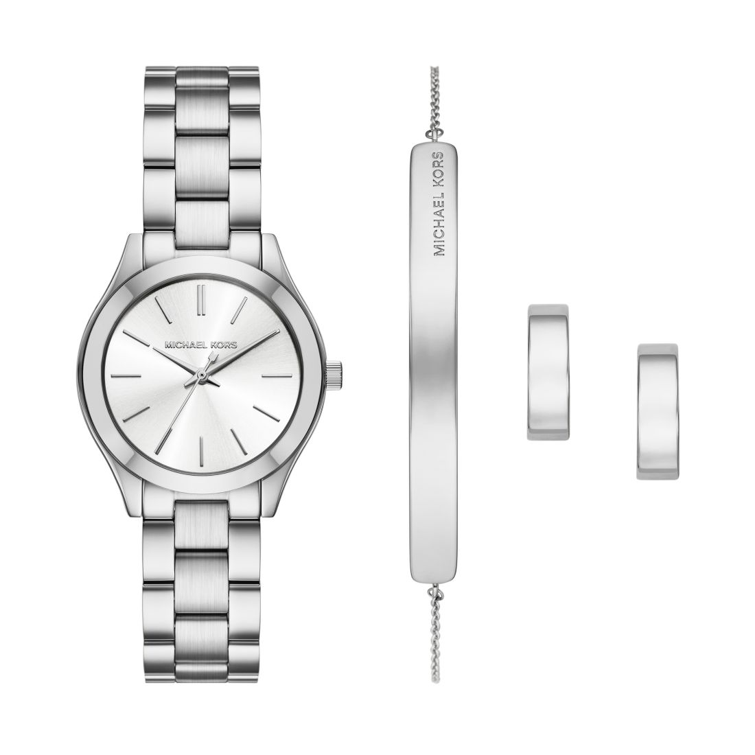 Michael Kors Women's Slim Runway Three-Hand Silver-Tone Stainless Steel Watch and Jewelry Set, 32mm
