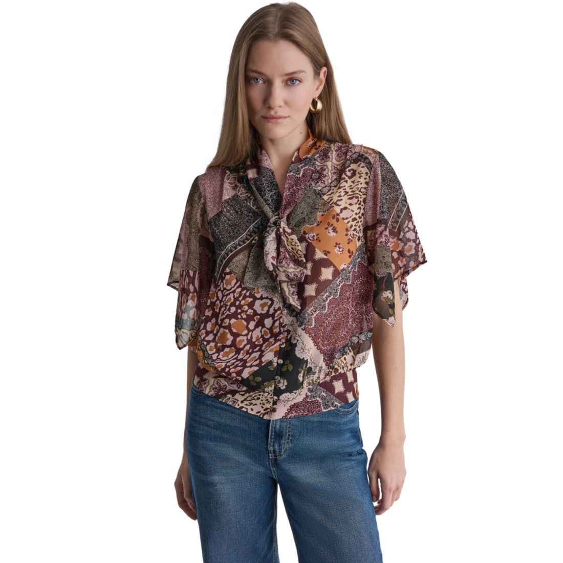 Bcbg Women's Bow Neck Mixed Print Short-Sleeve Blouse