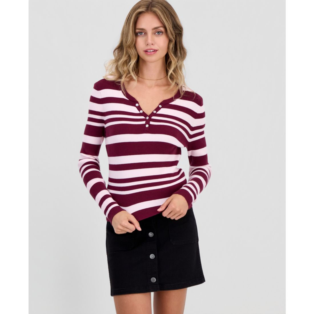 Hooked Up By Iot Juniors' Striped Snap Henley Stripe Sweater